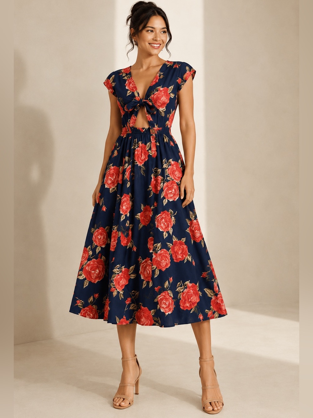 June & Hudson Floral Tie Front Cutout Midi Dress Navy Rose Print Size Large